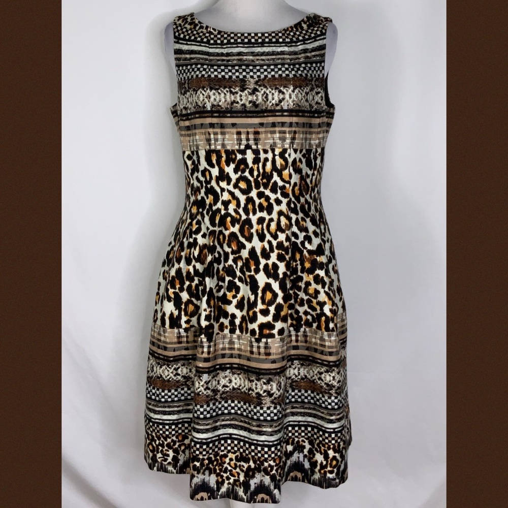 Gabby Skye Black & Gold Animal Print Sleeveless Fit & Flare Dress Size 8